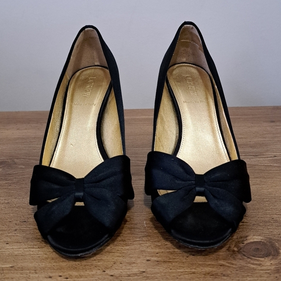 J. Crew Black Heels Women's Size 8 Fabric Upper Bow Open Toe Gold Made in Italy - Picture 2 of 16